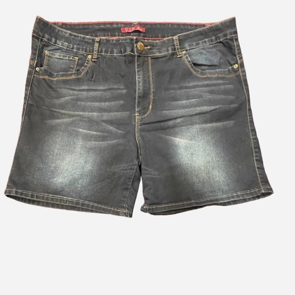 V.I.P. JEANS Dark Denim Shorts Plus-size 22W Blue 5-Pockets High-Rise 7" Inseam